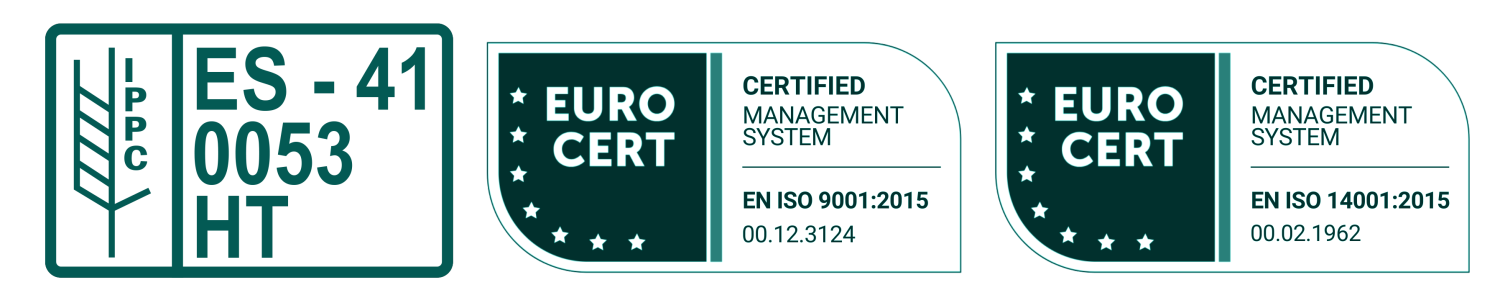 Marca de tratamiento ES-41-0053 HT y certificados EuroCert EN ISO 9001:2015 y EN ISO 14001:2015 de Grupo Causo